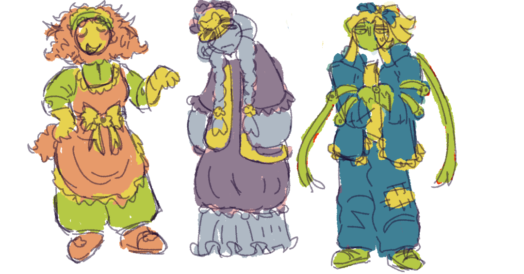 a drawing of the first designs of Sorbet, Saline and Jumpy (from left to right) 
